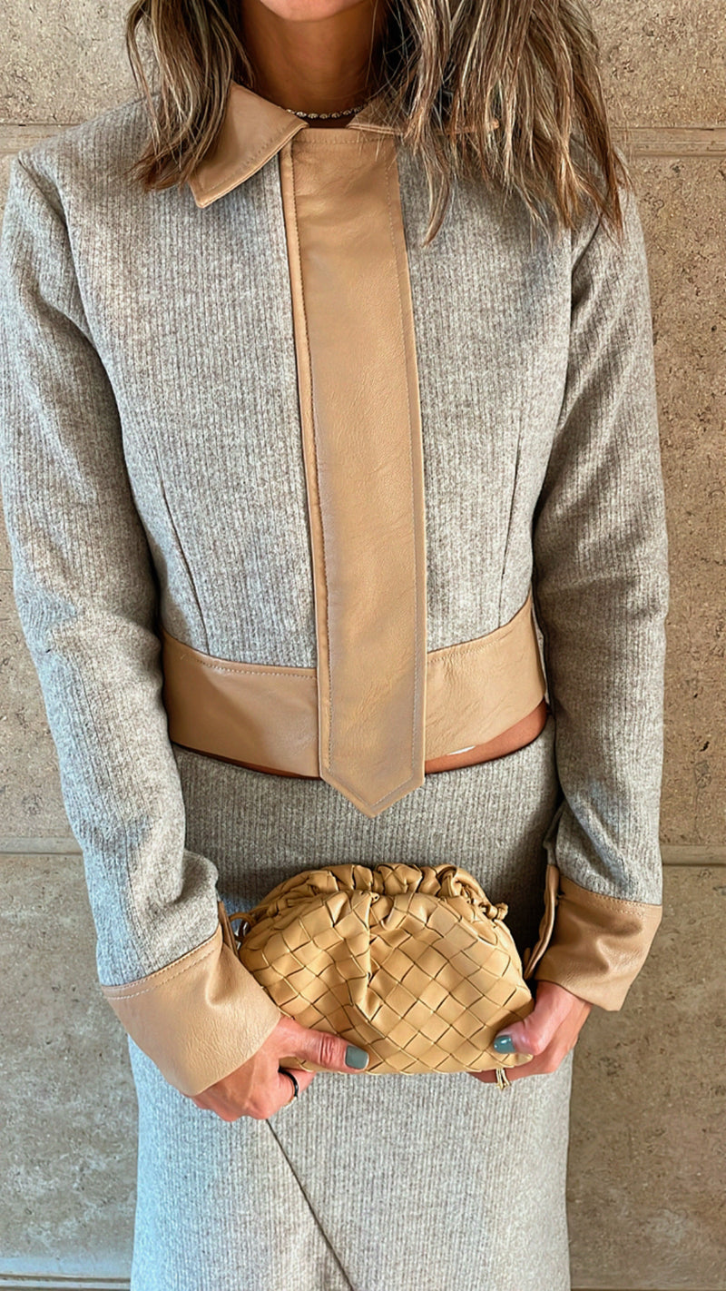 Beige Leather Jacket Skirt Set