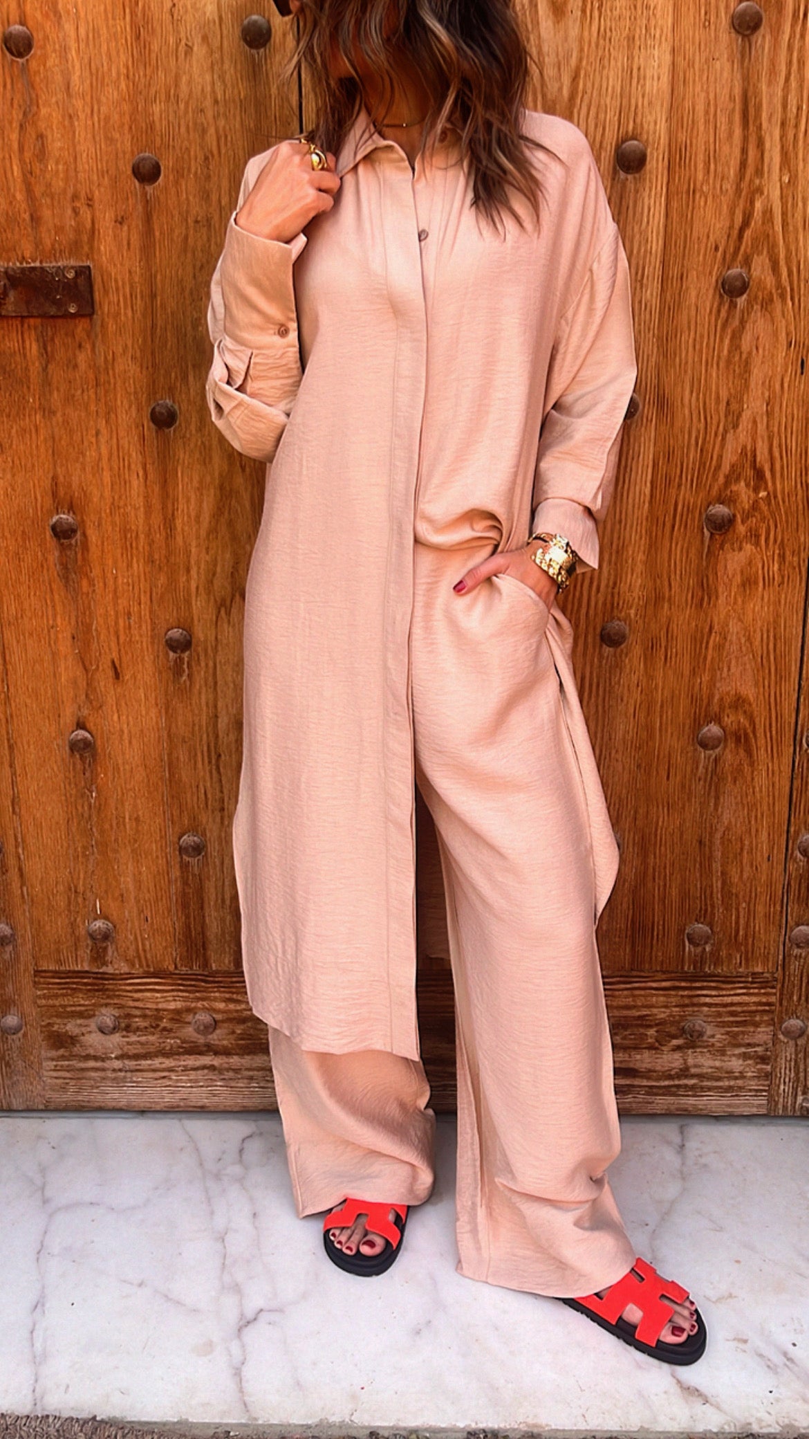 Beige Longline Shirt Set