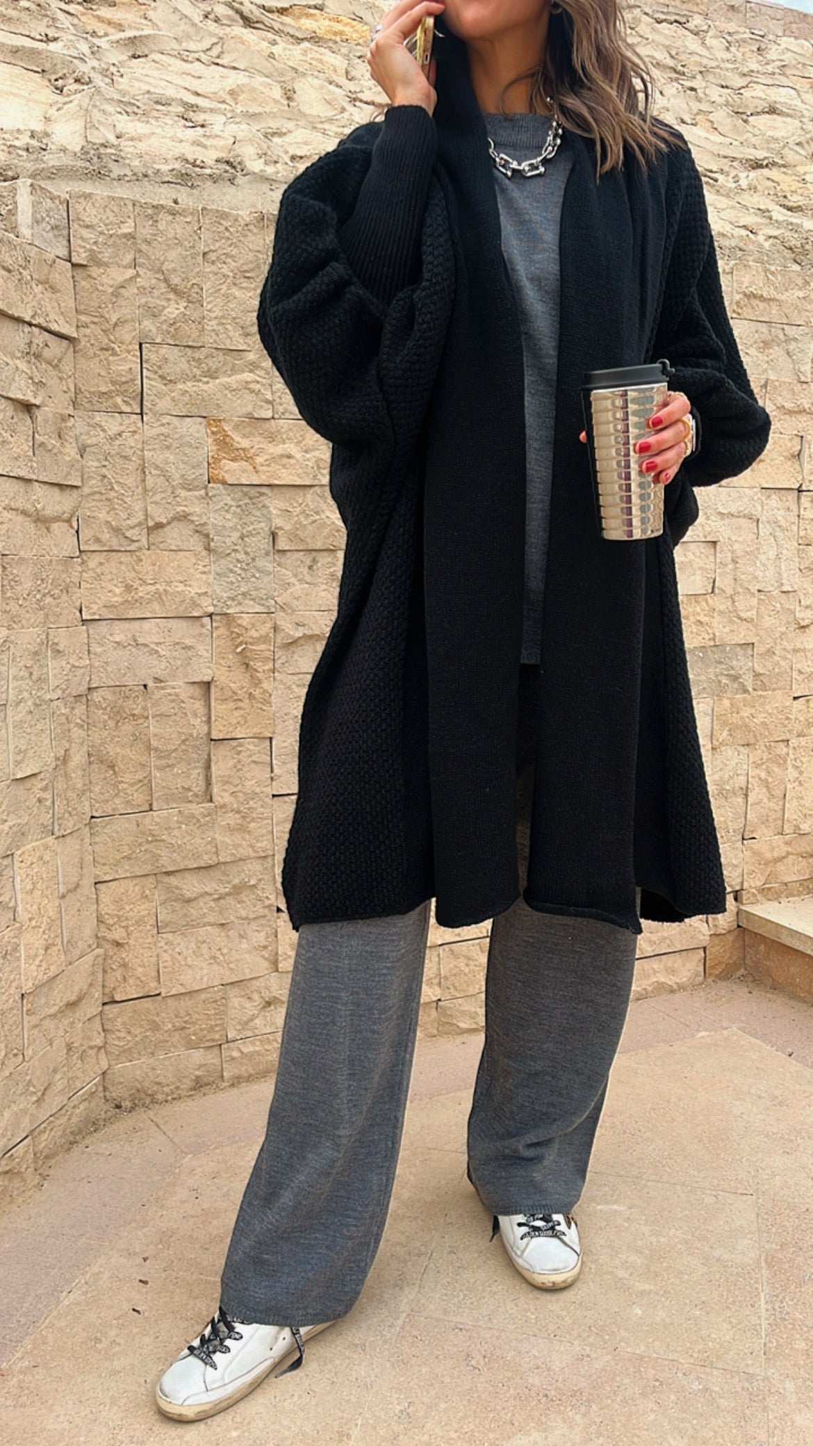 Black Heavy Shawl Knit Cardi