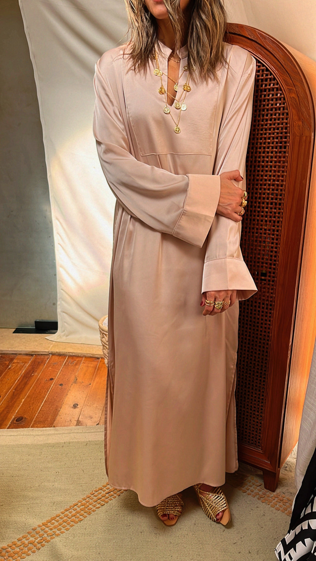 Beige V Glazed Dress