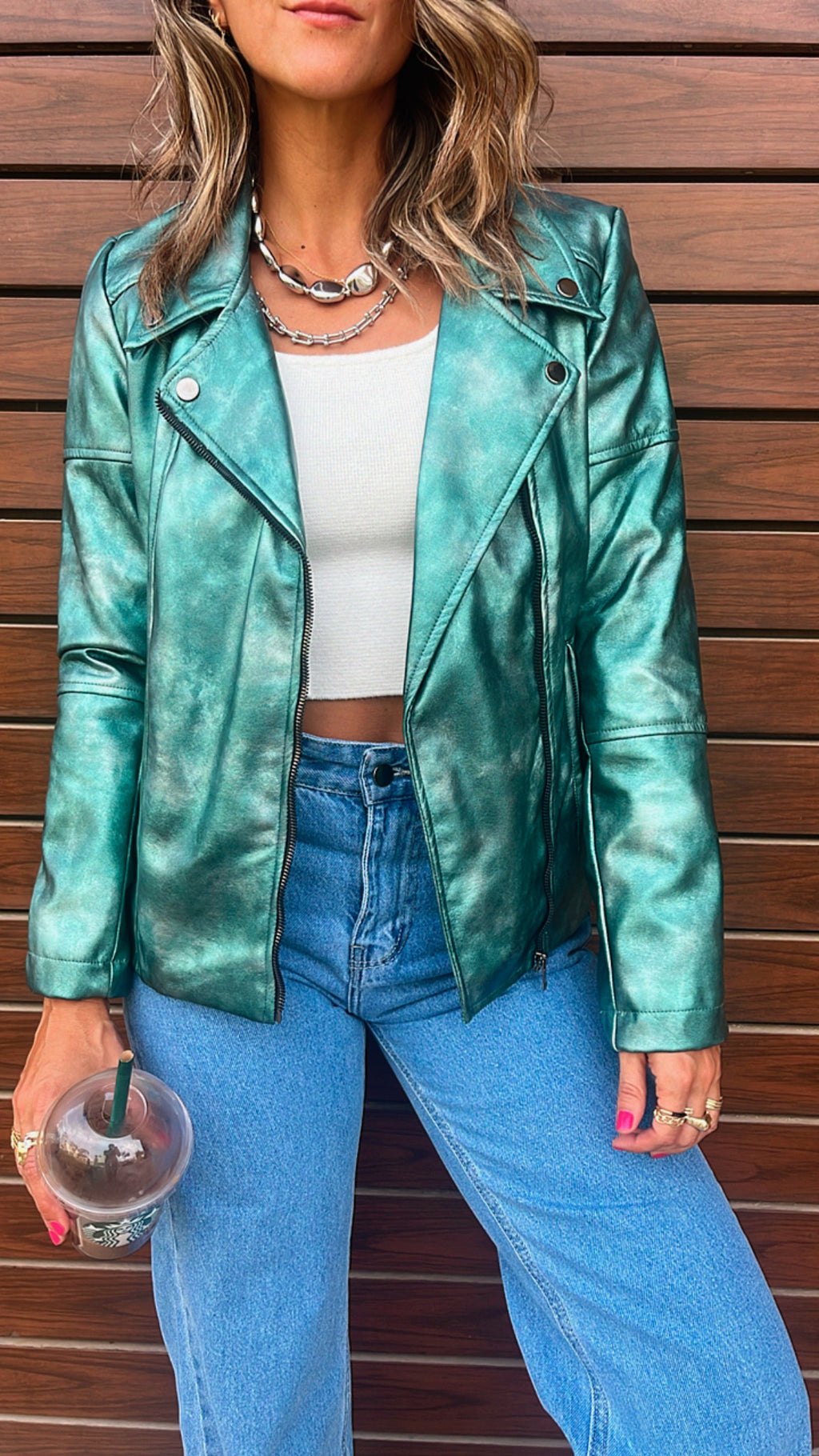 Green She’s Edgy Metallic Leather Jacket