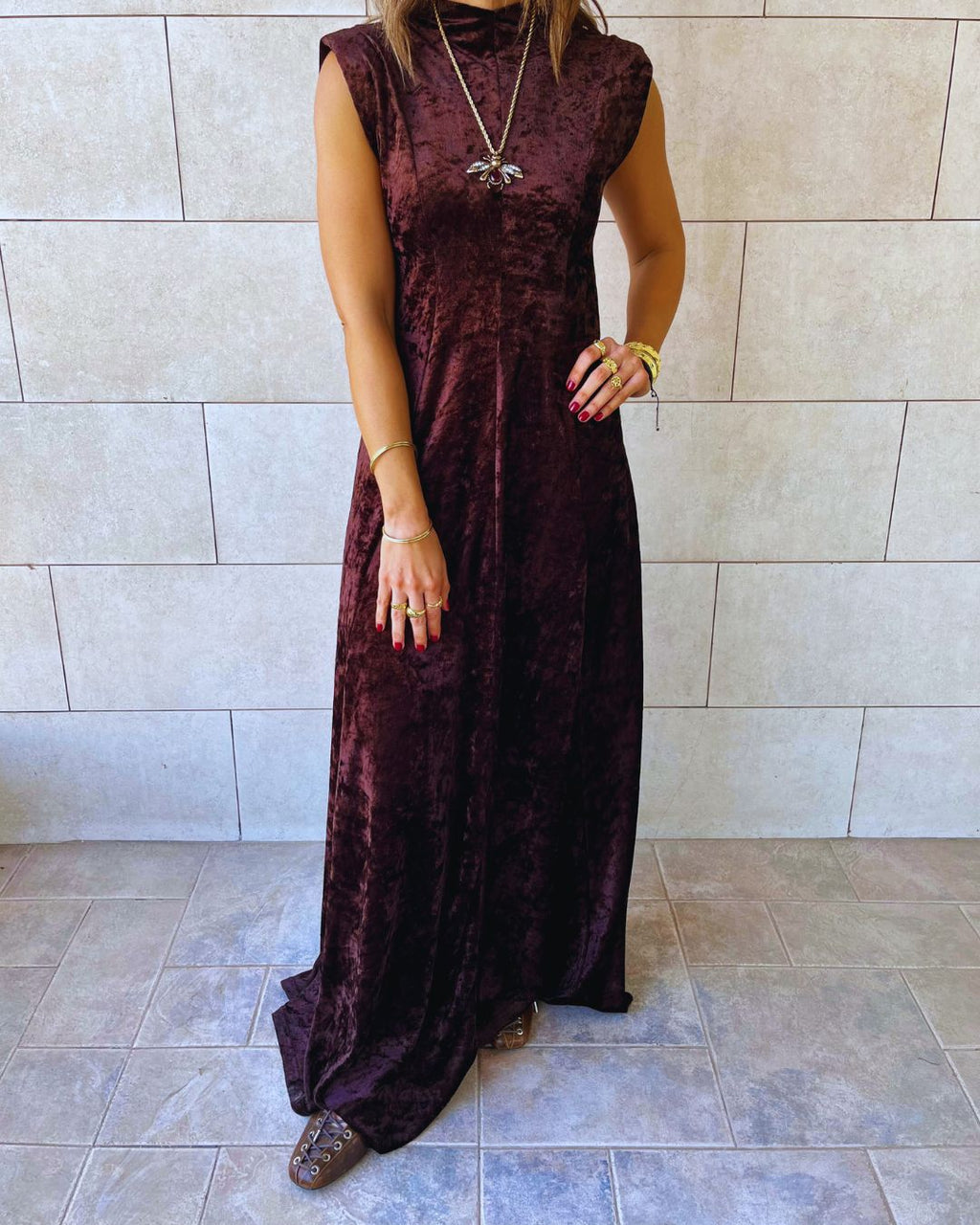 Brown Soft Velvet Maxi Dress