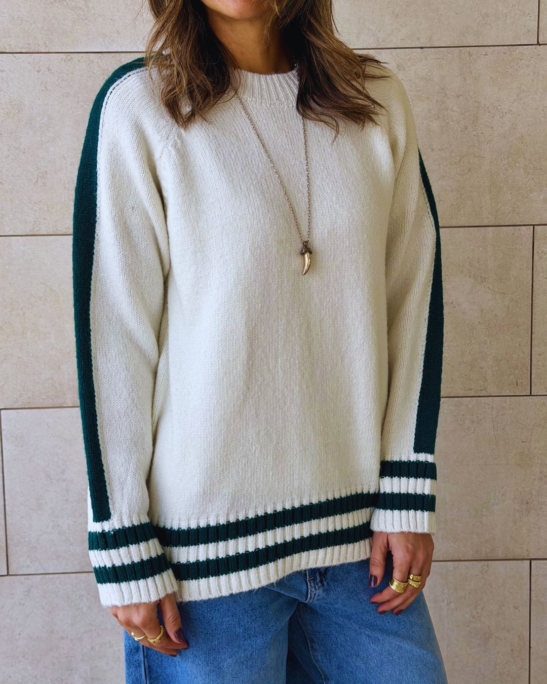 White Side Stripe Knit Pullover