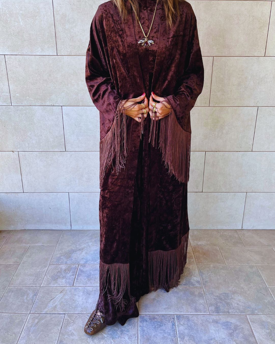 Brown Velvet Fringe Kimono