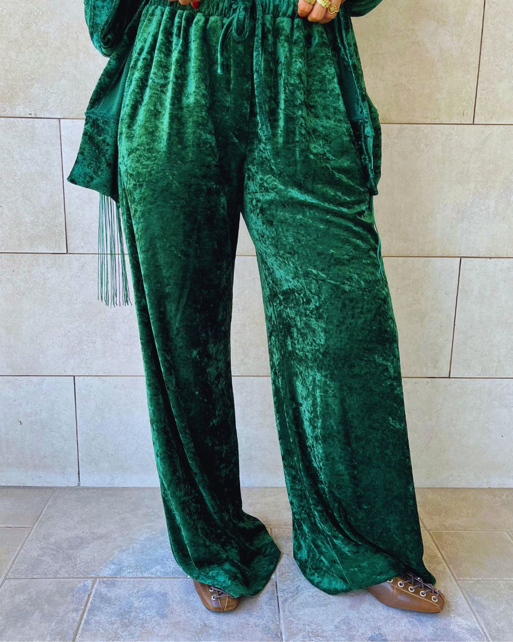 Green Flowy Velvet Pants