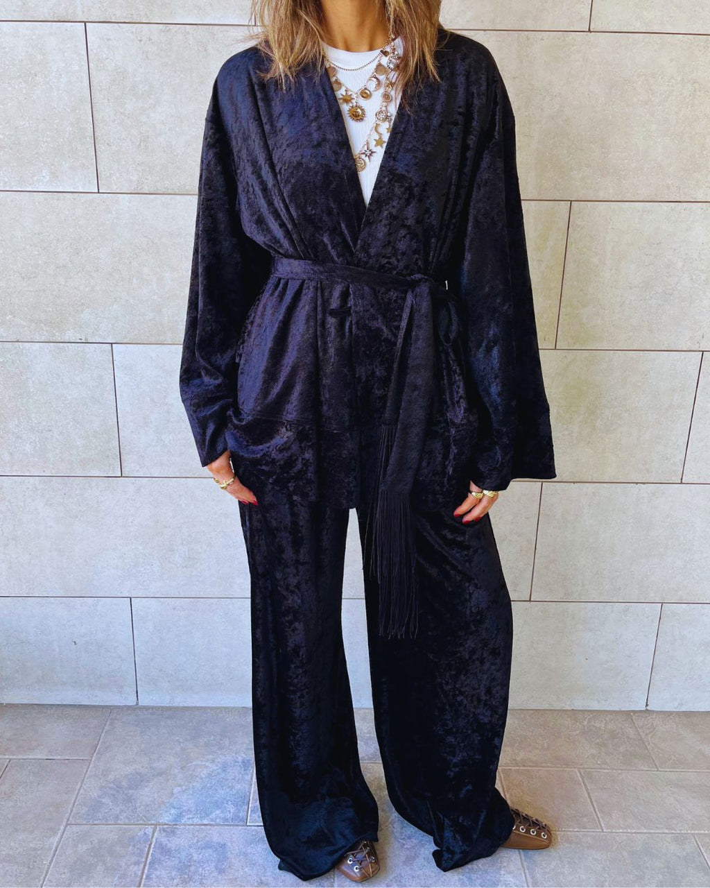 Black Velvet Wrap Fringe Kimono