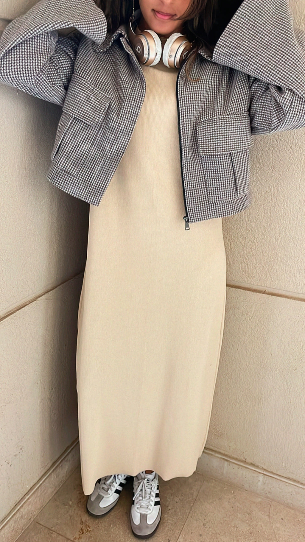 Beige Ribbed Basic Dress