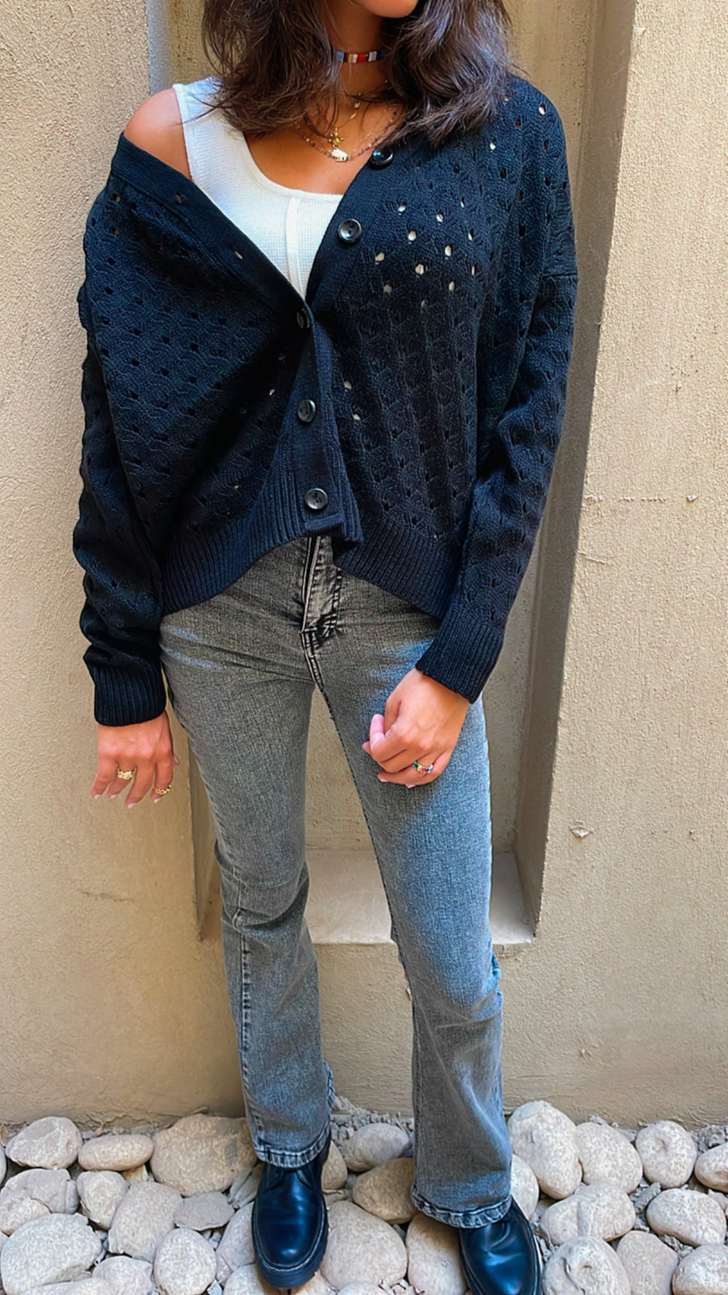 Black V Button Light Cardi