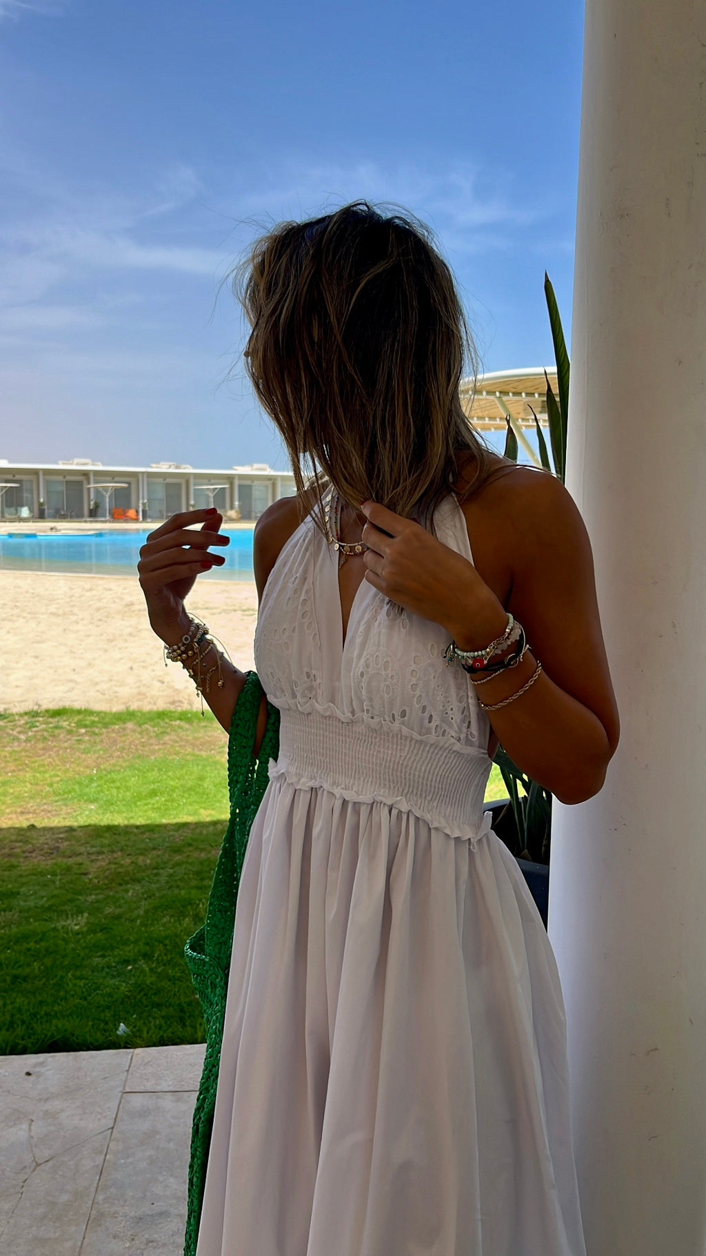 White Backless Summer Anglaise Trim Dress