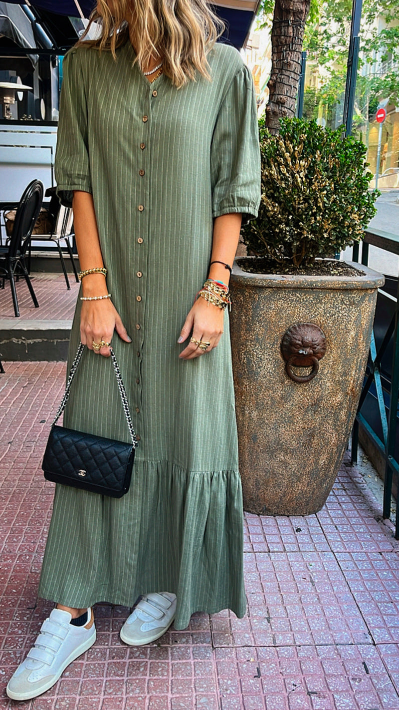 Olive Lined Times Button Linen Dress