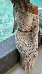Beige Longline Ultra Mini Poncho Skirt Set