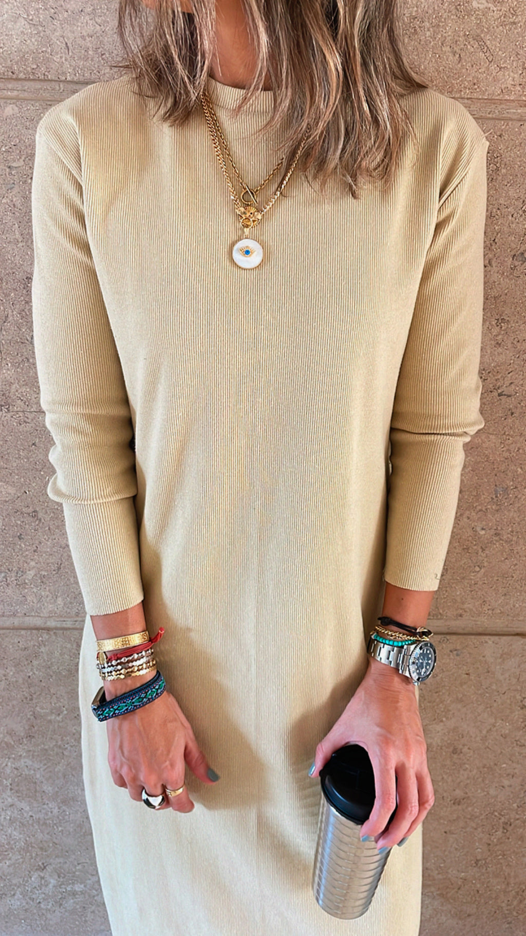 Beige Ribbed Basic Dress