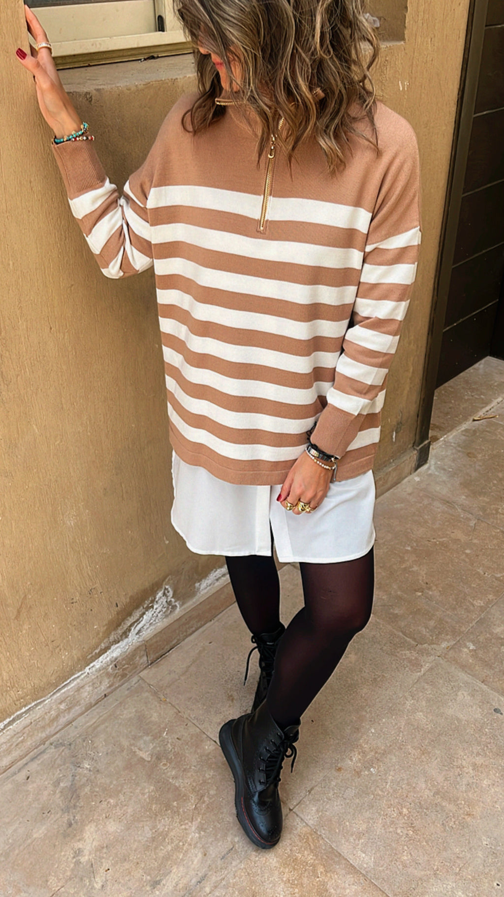 White & Cafe Stripped Zip Up Knit