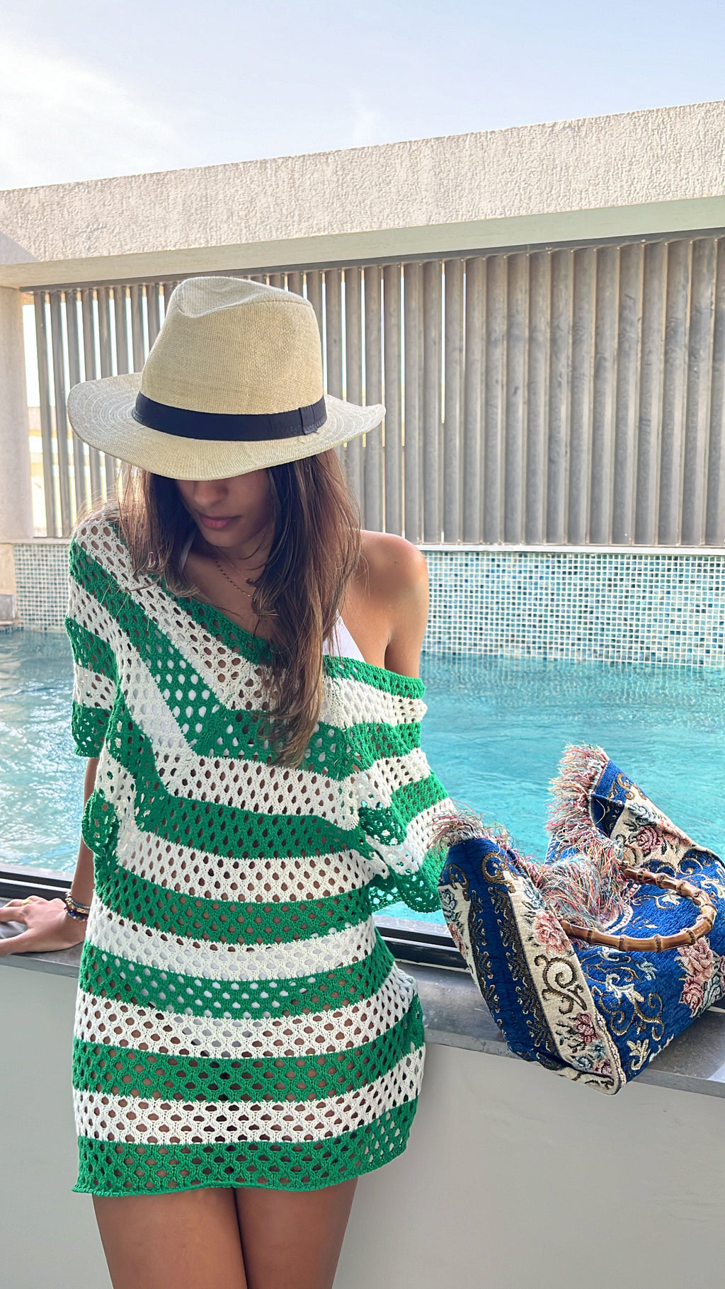 Green Crochet Striped Coverup