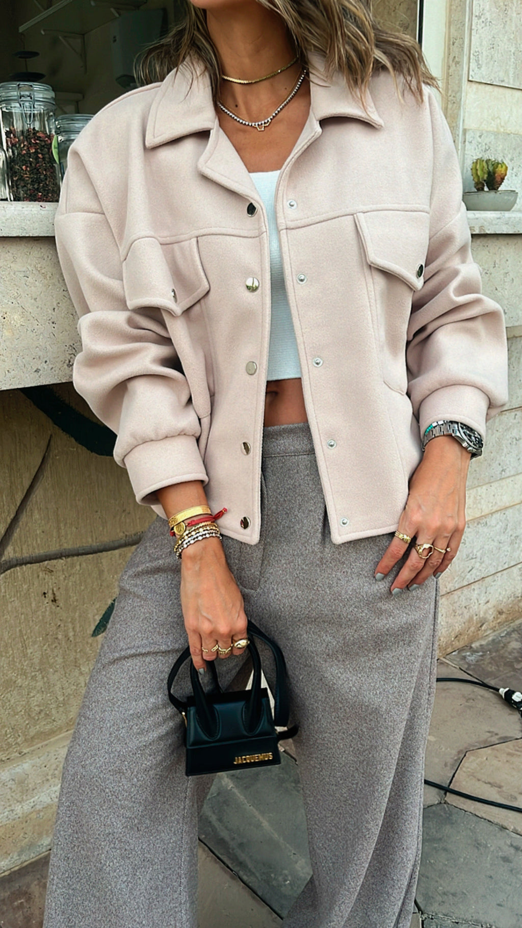 Beige Cropped Button Shacket