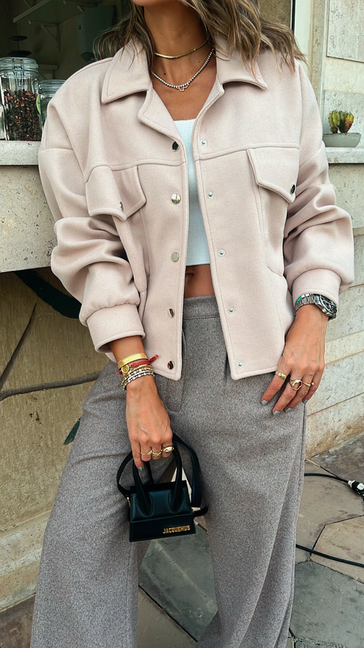 Beige Cropped Button Shacket