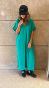 Green Crepe V Side Slit Dress