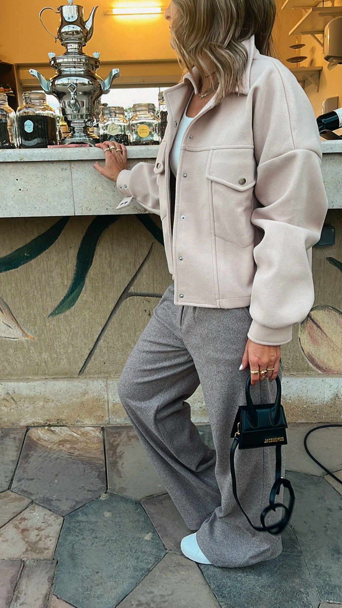 Beige Cropped Button Shacket