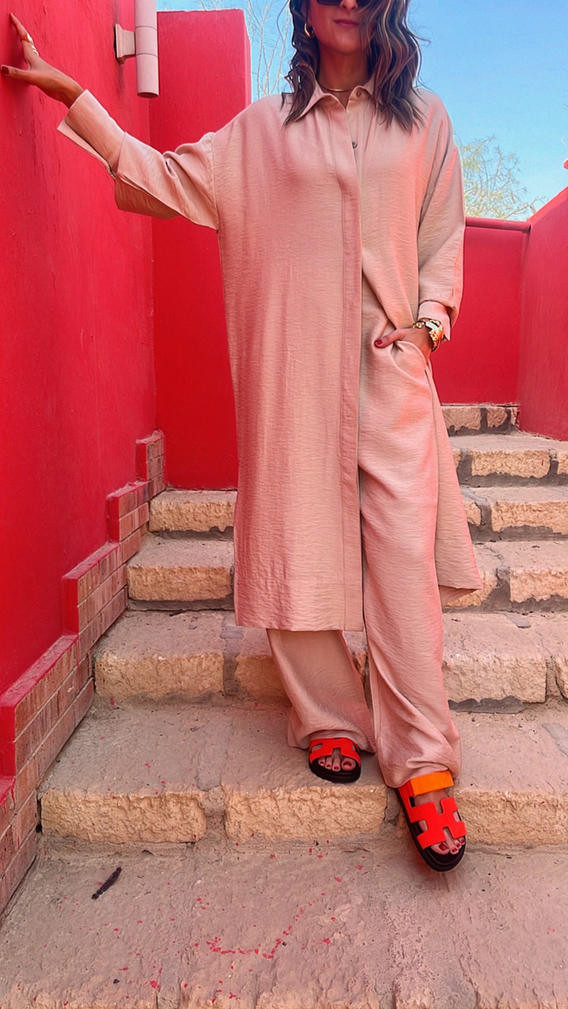 Beige Longline Shirt Set