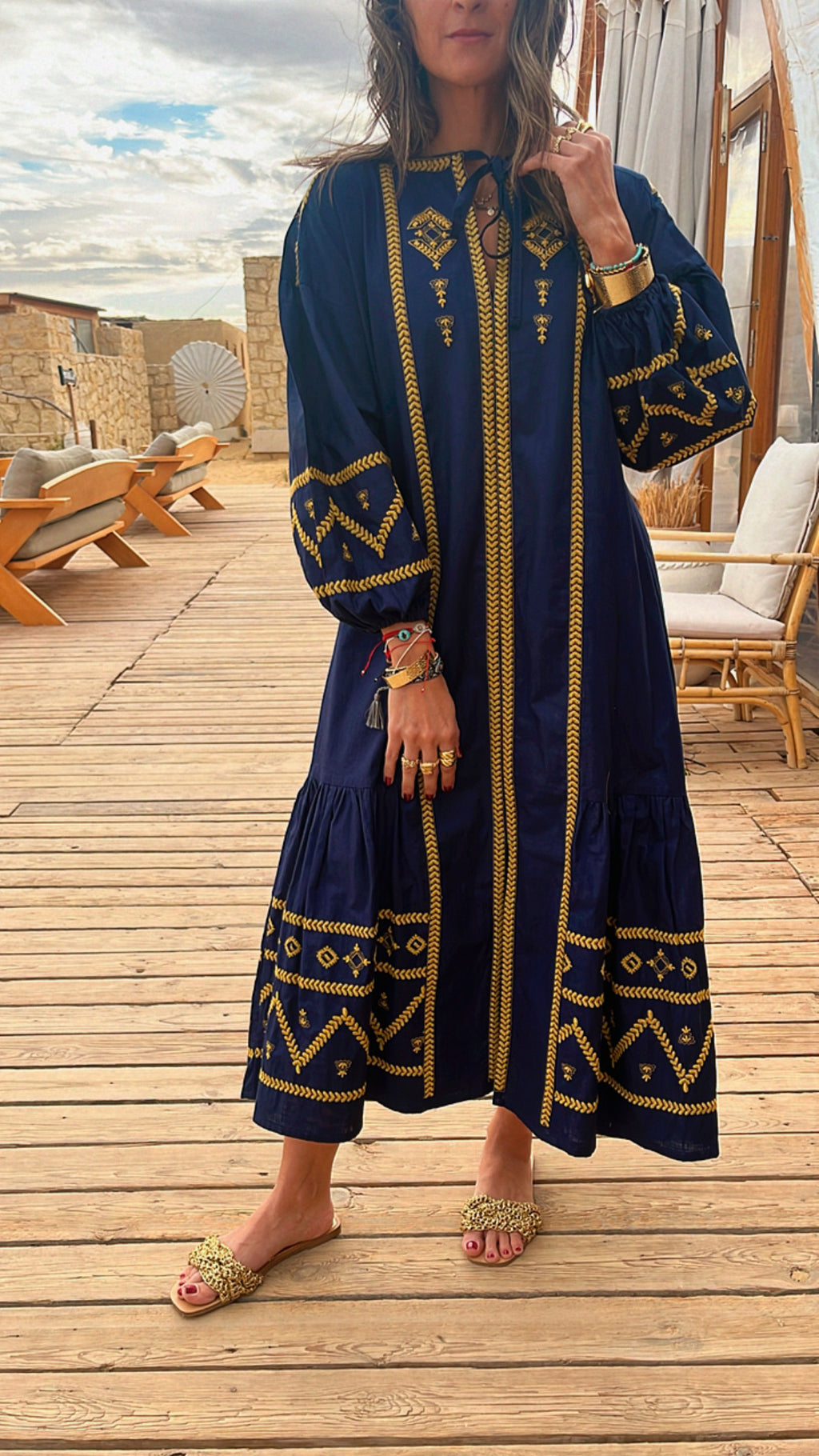 Navy Embroidered Midi Dress