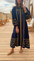Navy Embroidered Midi Dress