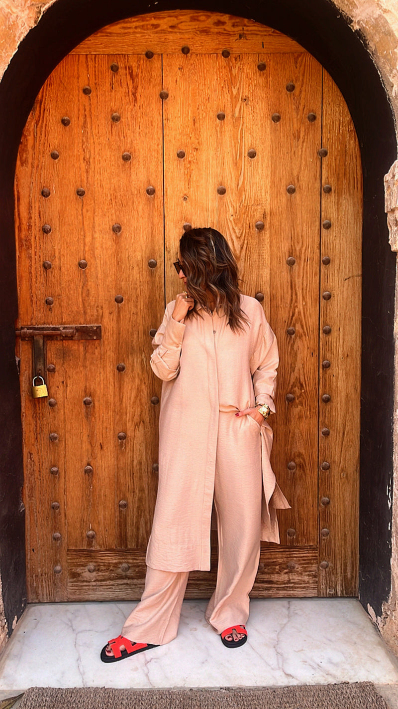 Beige Longline Shirt Set