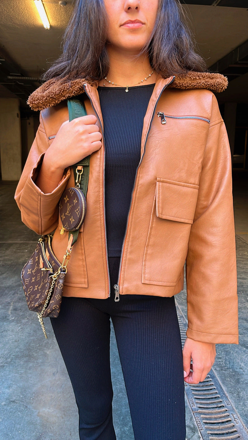 Brown Teddy Leather Zip Up Jacket