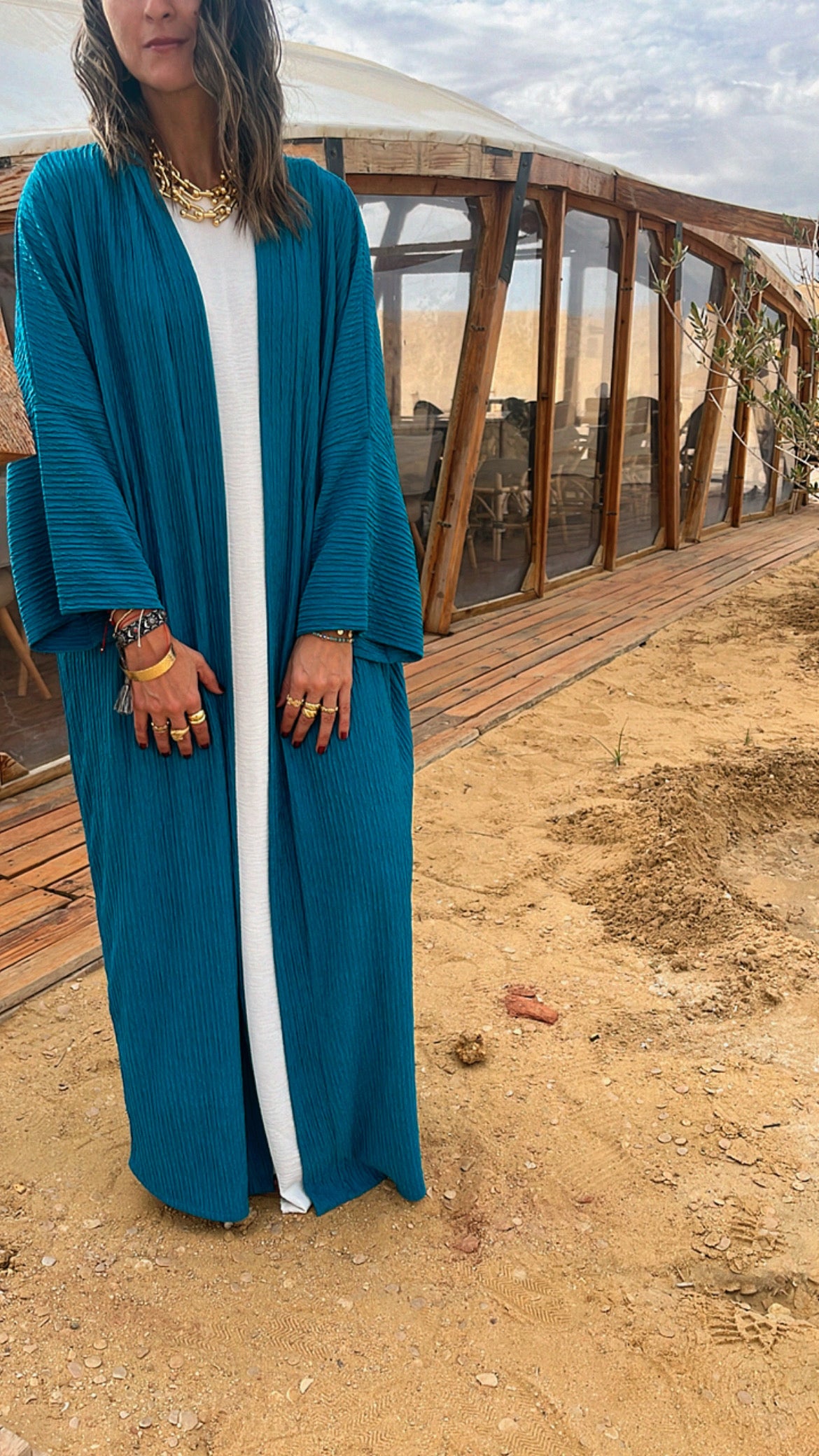 Turquoise Longline Thick Kimono