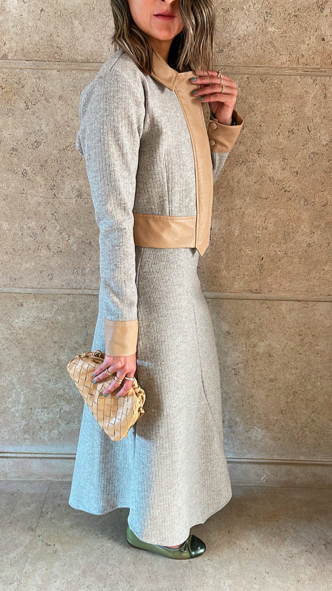 Beige Leather Jacket Skirt Set