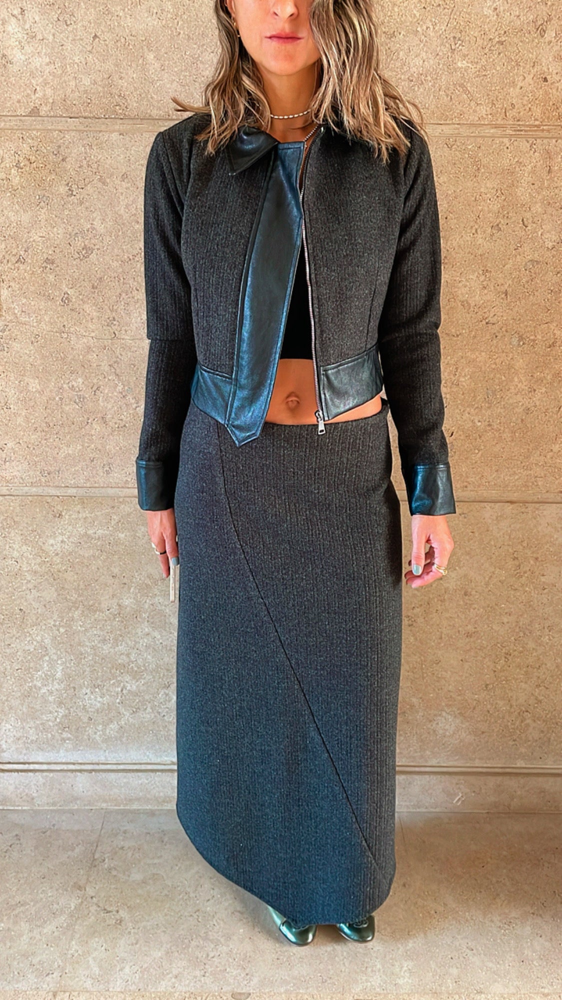 Black Leather Jacket Skirt Set