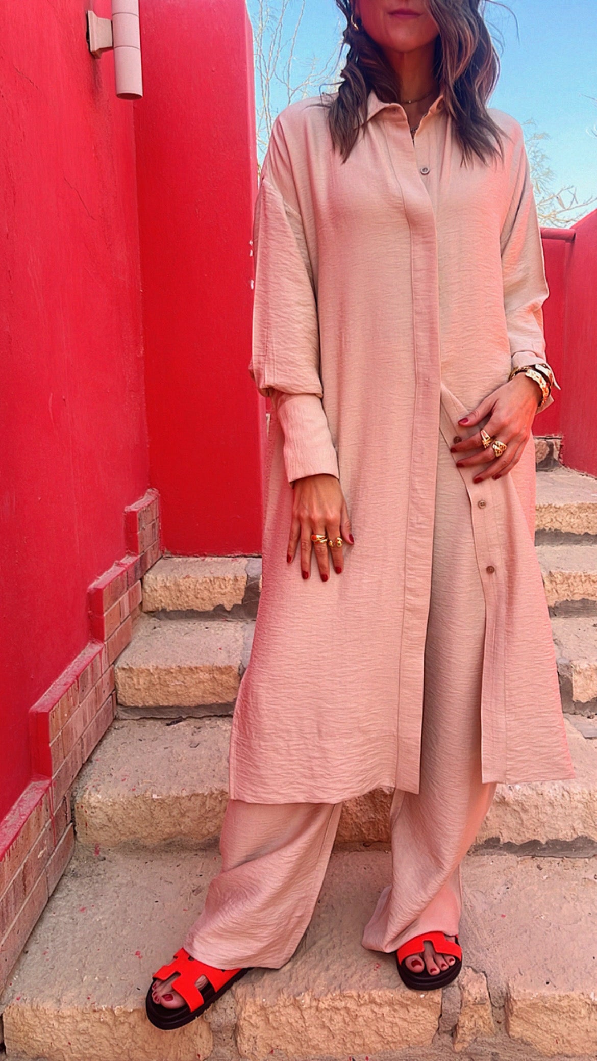 Beige Longline Shirt Set