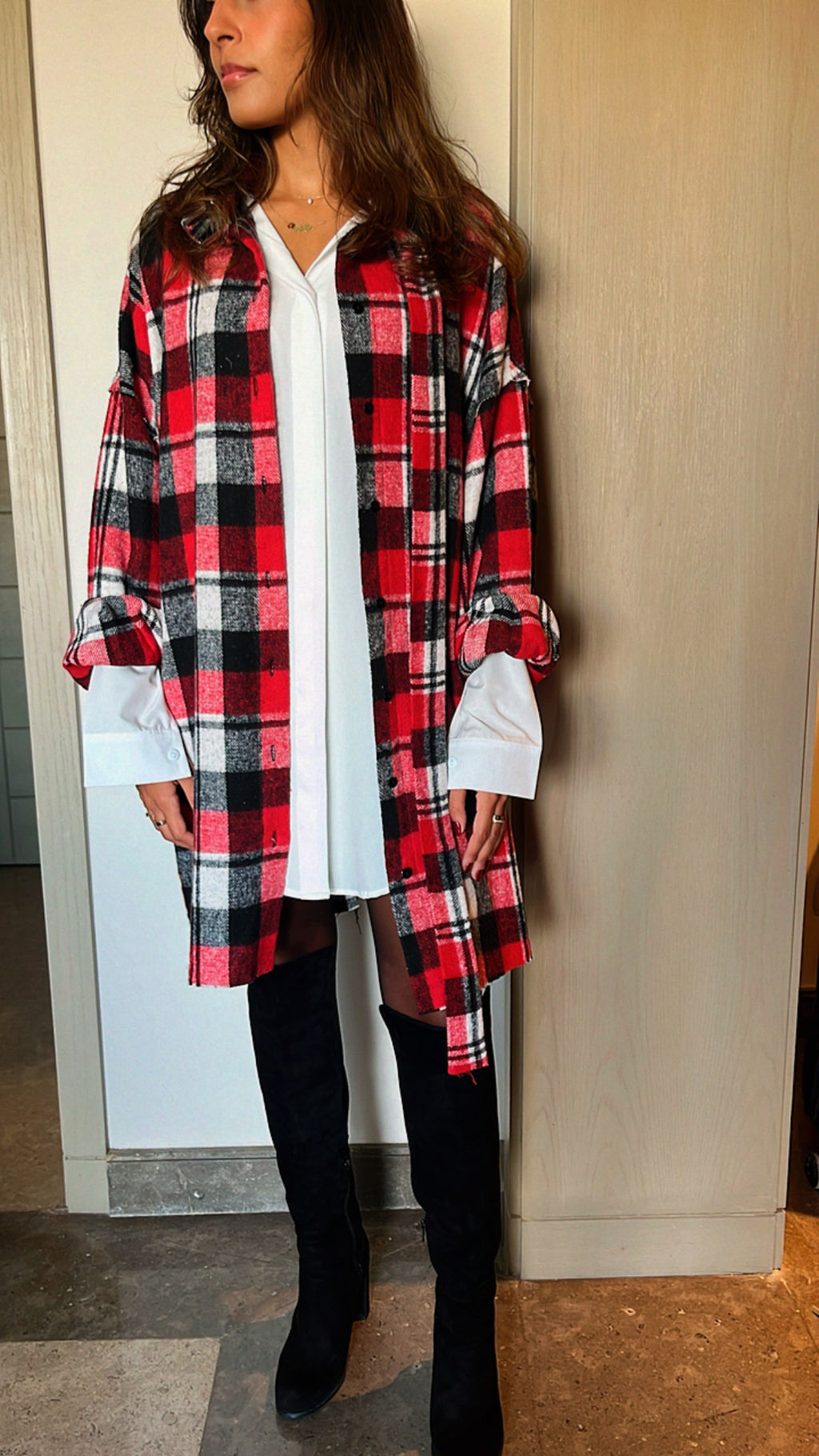 Red Buckled Flannel Longline Shirt