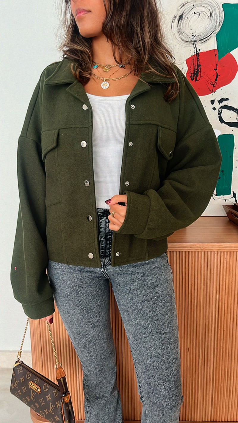 Olive Cropped Button Shacket