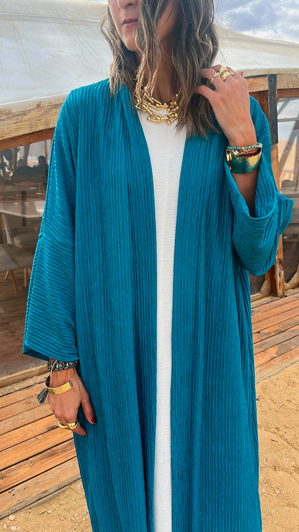 Turquoise Longline Thick Kimono