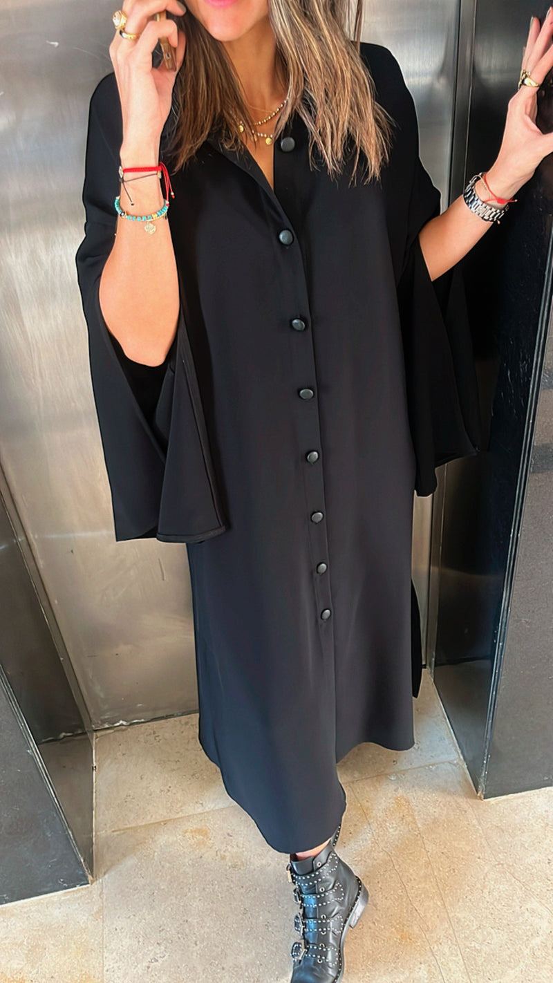 Black Slit Sleeve Shirt Dress