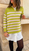 Lime & Beige Stripped Zip Up Knit