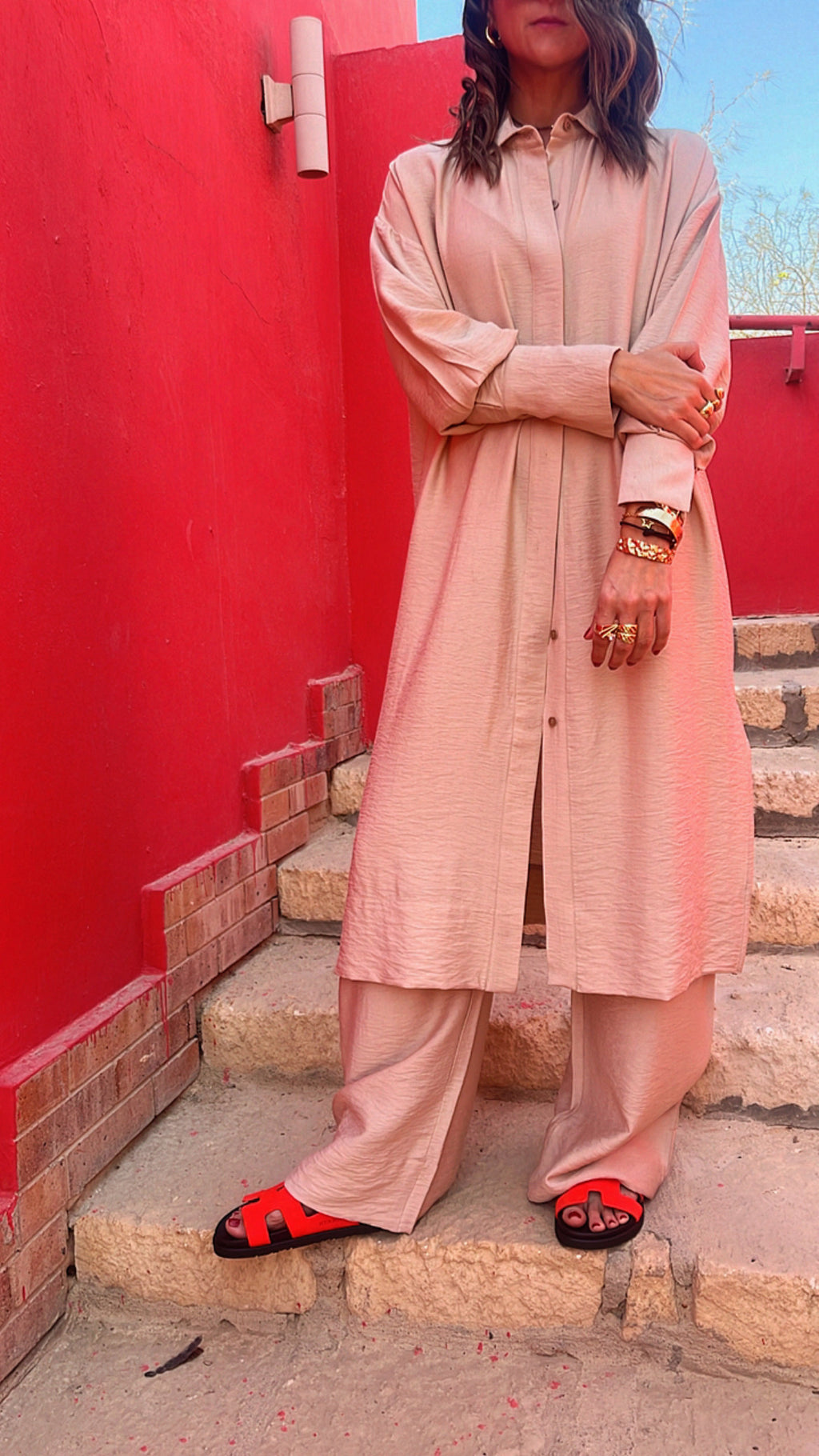 Beige Longline Shirt Set