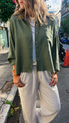 Olive Lined Linen Cropped Shirt