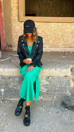 Green Crepe V Side Slit Dress