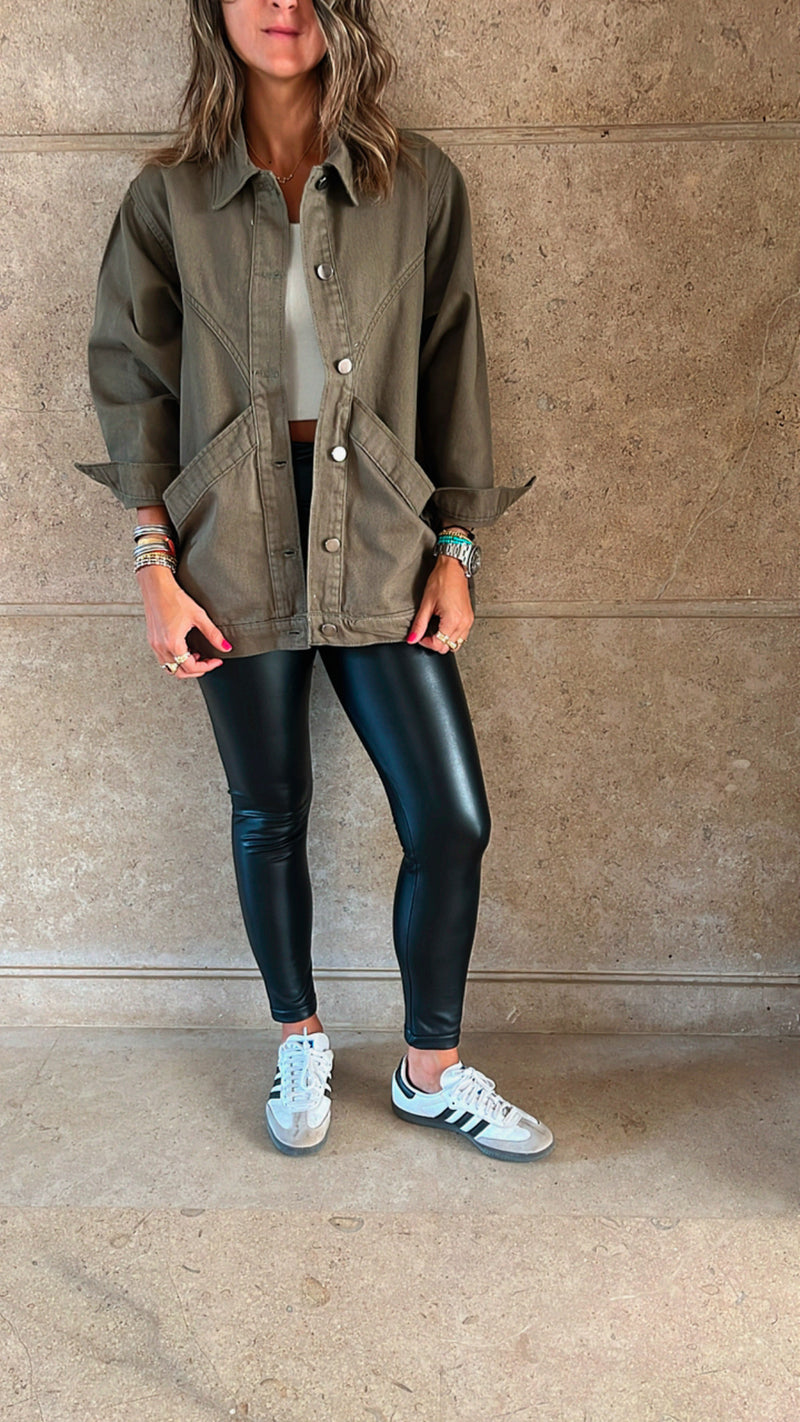 Olive Exaggerated Double Pocket Denim Jacket