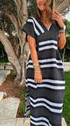 Black Short Sleeve V Striped Dress