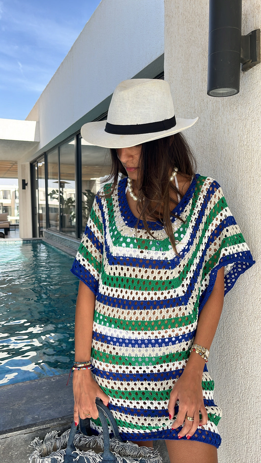 Blue Crochet Striped Coverup