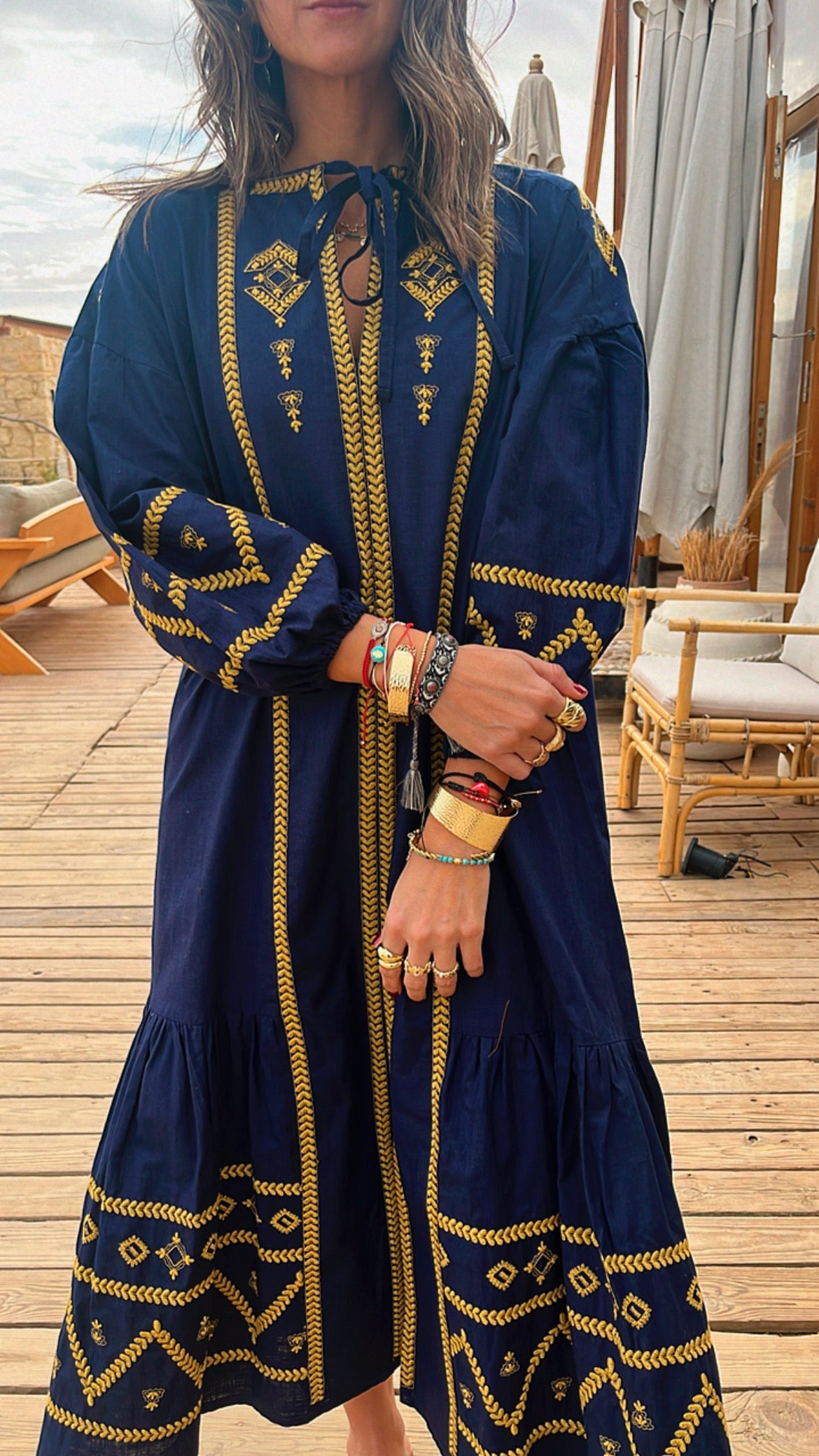 Navy Embroidered Midi Dress