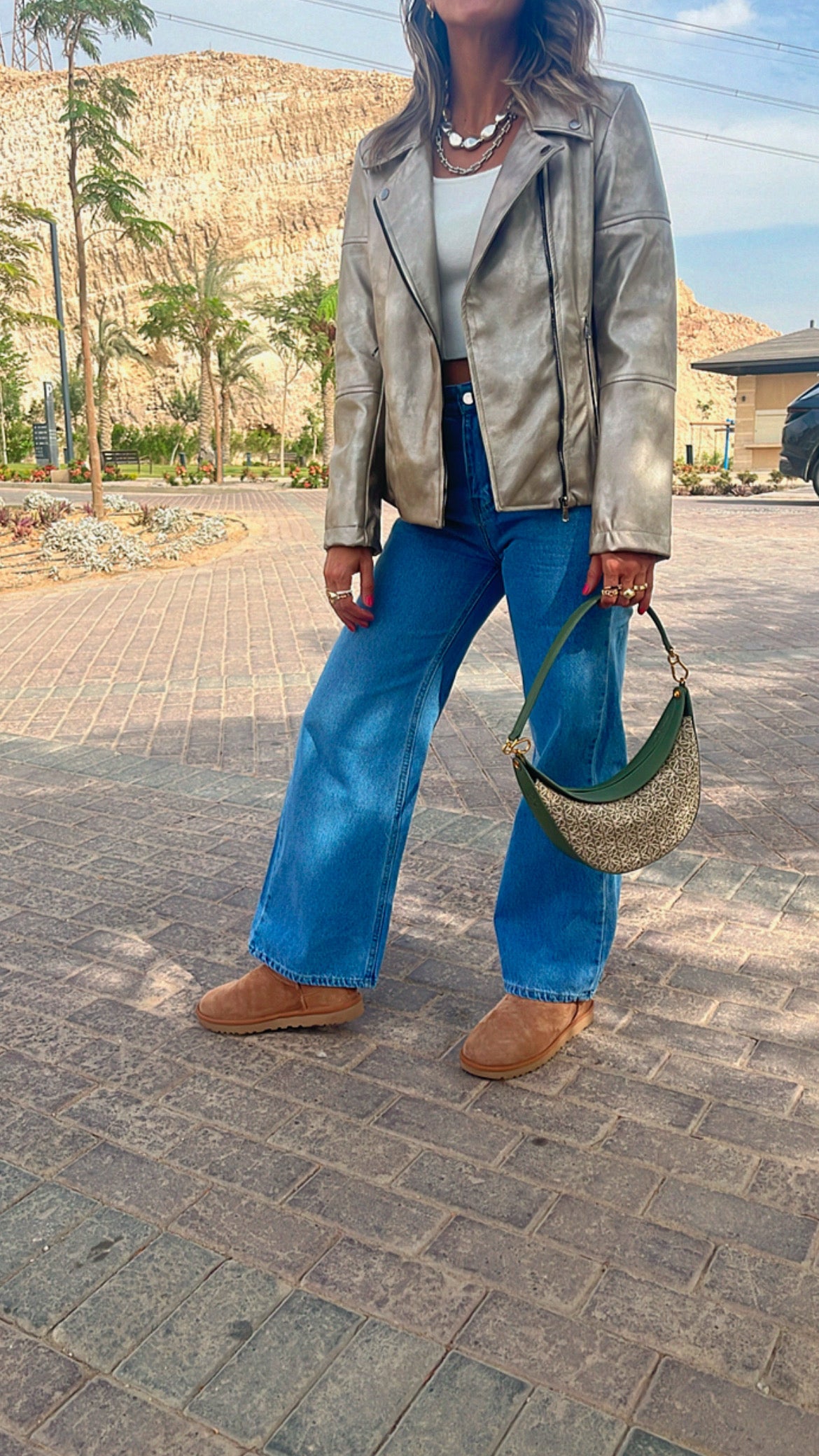 Beige She’s Edgy Metallic Leather Jacket