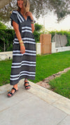 Black Short Sleeve V Striped Dress