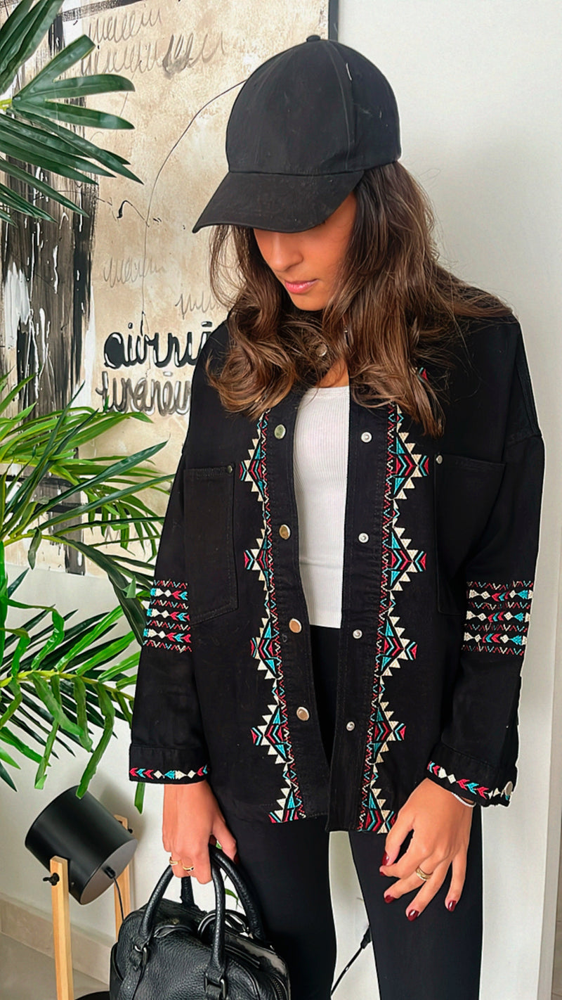 Black Embroidered Denim Jacket