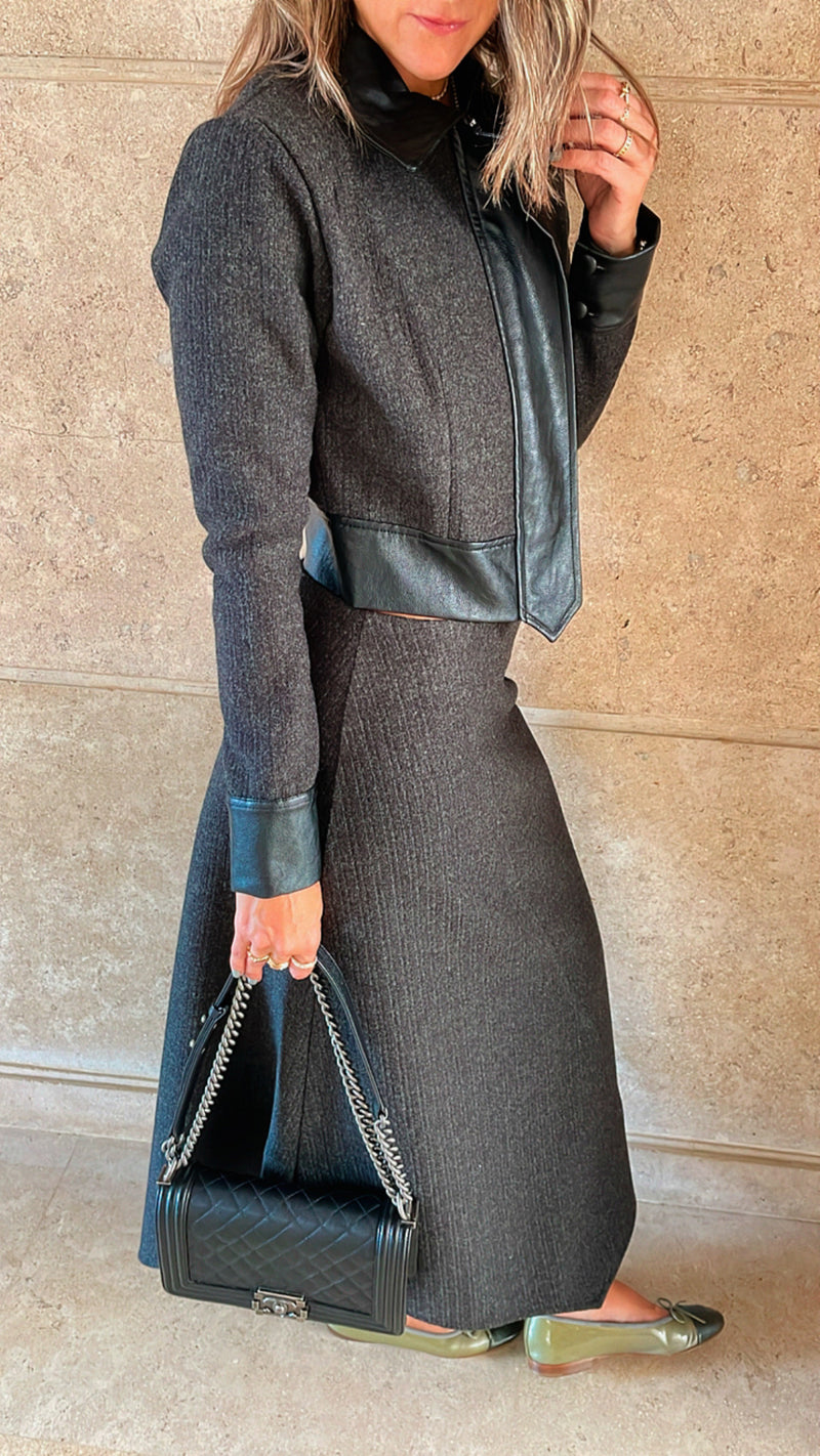 Black Leather Jacket Skirt Set