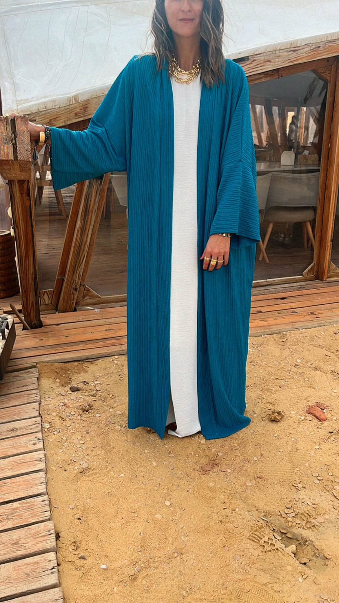 Turquoise Longline Thick Kimono