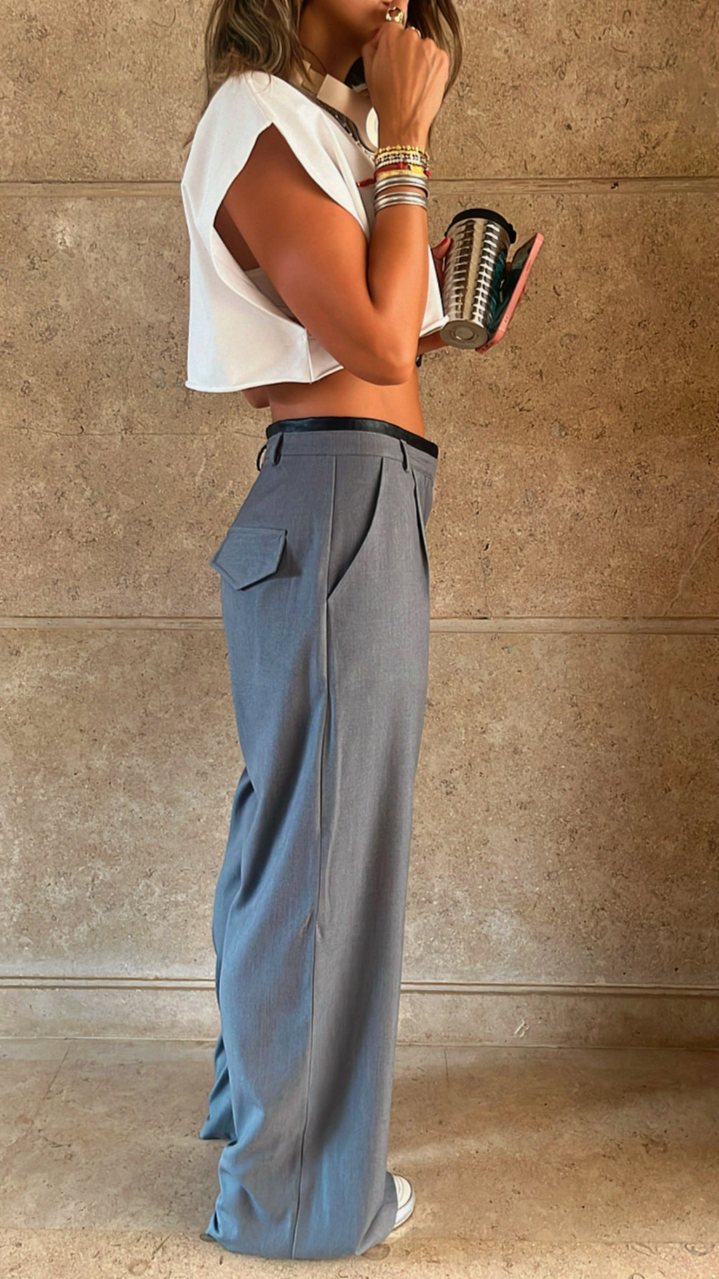 Light Grey Leather Waist Pants
