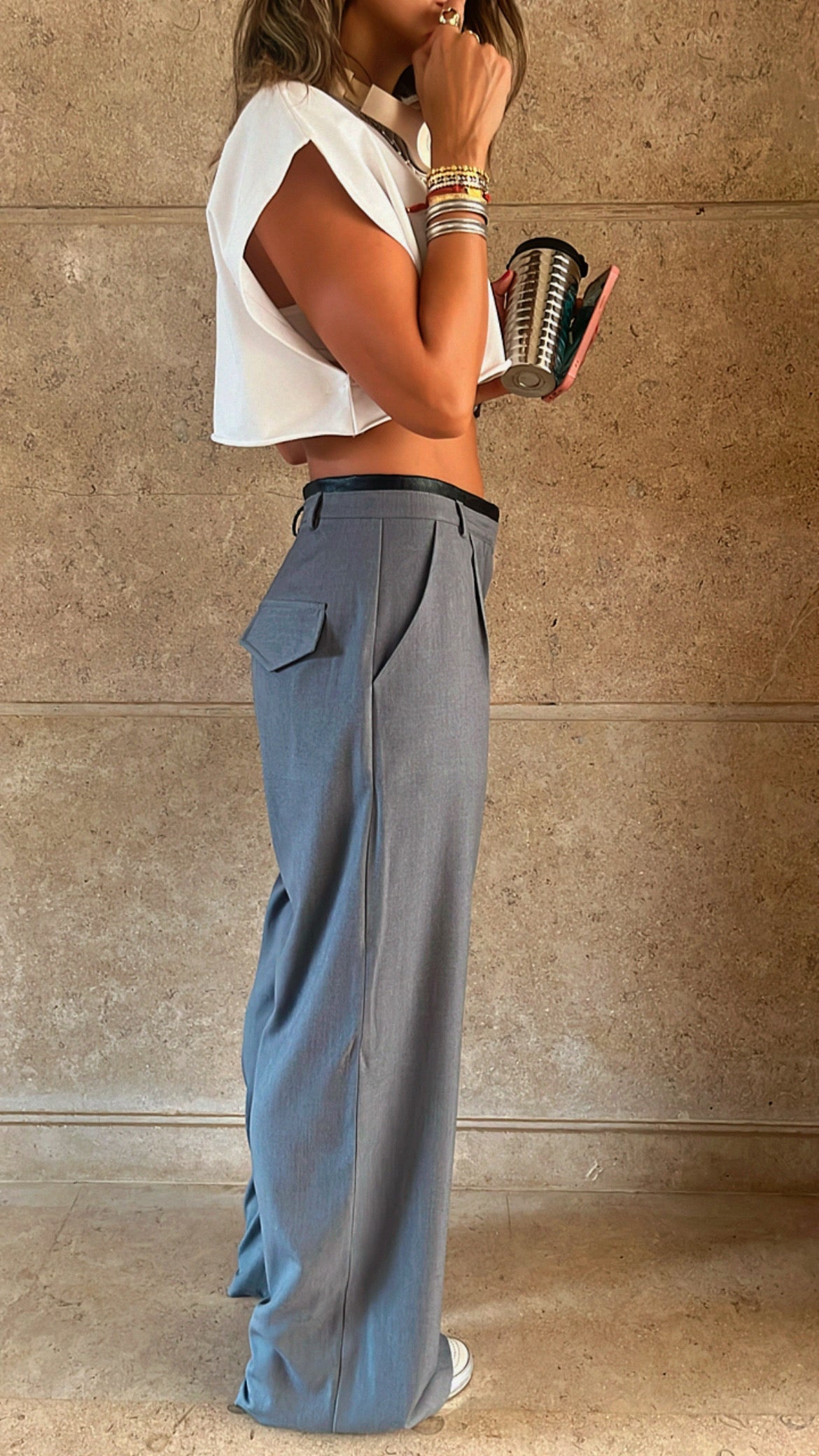 Light Grey Leather Waist Pants